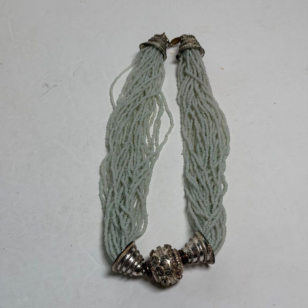 Luisa Conti 30 Strand Pale Blue Seed Bead Necklace Silver Tone Statement 17.5"
